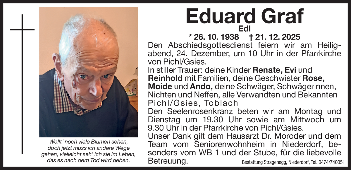  Traueranzeige für Eduard Graf vom 22.12.2025 aus Dolomiten