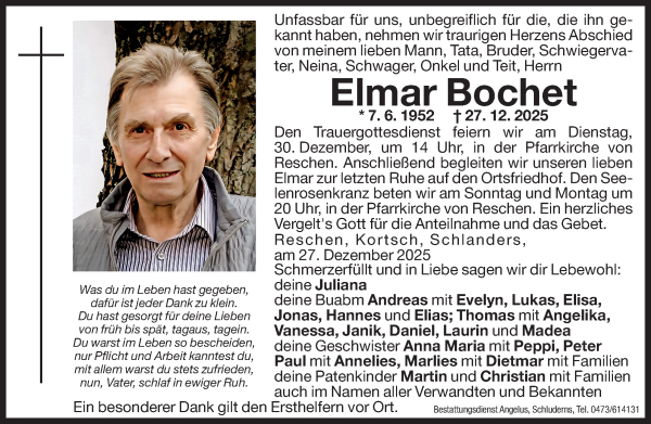 Traueranzeige von Elmar Bochet von Dolomiten
