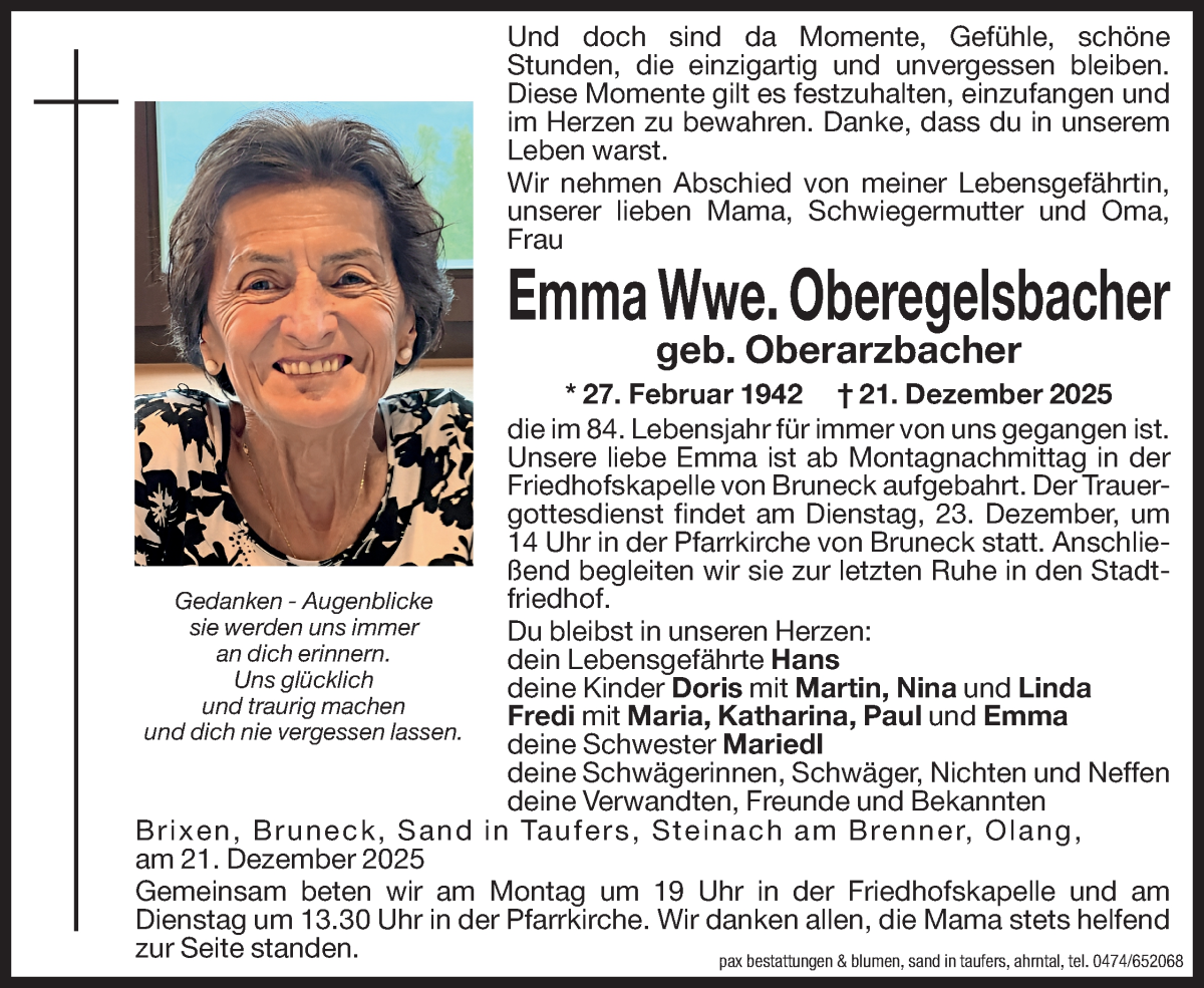  Traueranzeige für Emma Oberegelsbacher vom 22.12.2025 aus Dolomiten