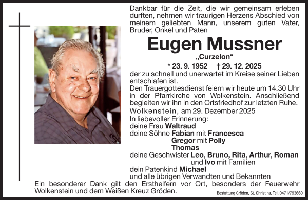 Traueranzeige von Eugen Mussner von Dolomiten