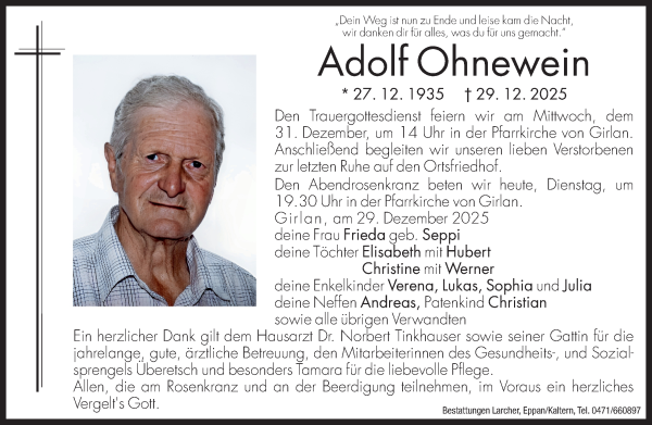 Traueranzeige von Adolf Ohnewein von Dolomiten