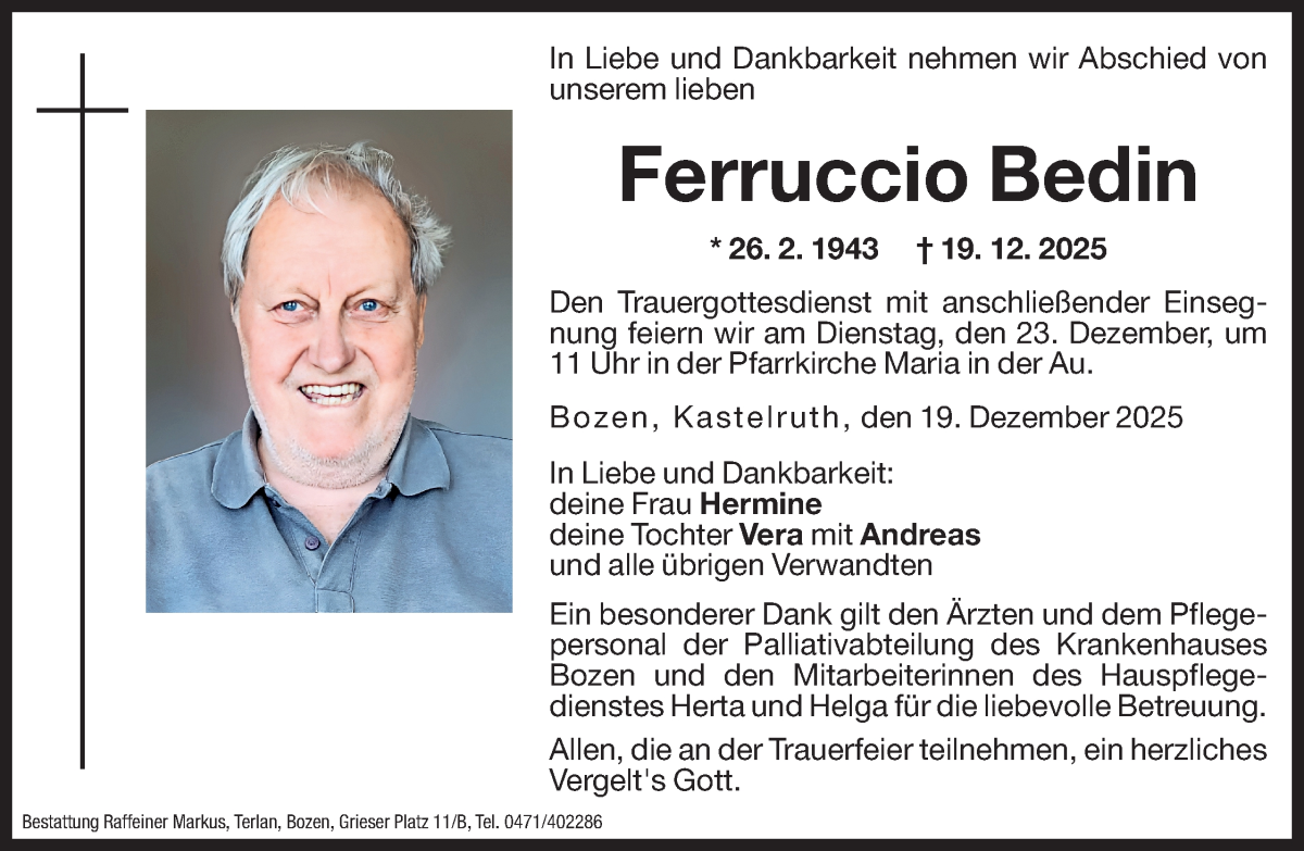  Traueranzeige für Ferruccio  Bedin  vom 22.12.2025 aus Dolomiten