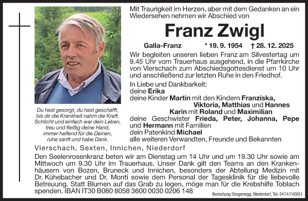 Traueranzeige von Franz Zwigl von Dolomiten