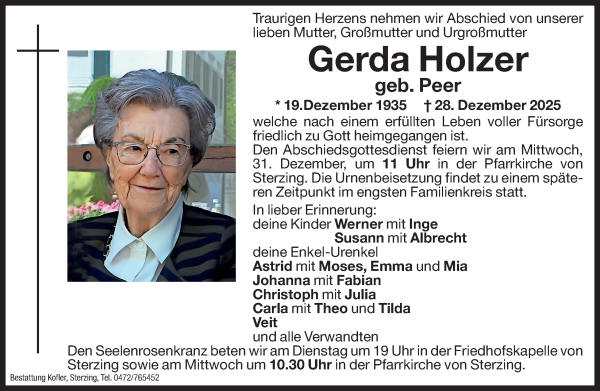 Traueranzeige von Gerda Holzer von Dolomiten