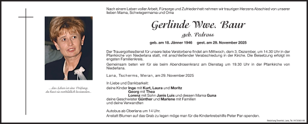 Traueranzeige von Gerlinde Baur von Dolomiten