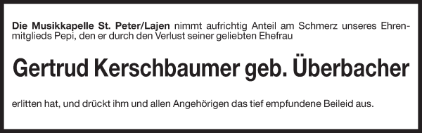 Traueranzeige von Gertrud Kerschbaumer von Dolomiten