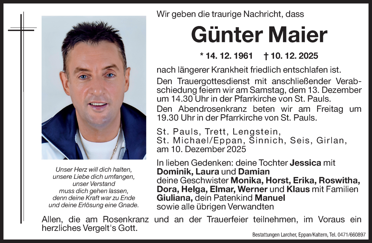  Traueranzeige für Günter Maier vom 11.12.2025 aus Dolomiten