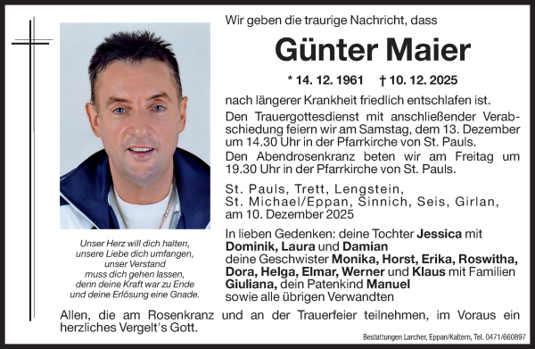 Traueranzeige von Günter Maier von Dolomiten