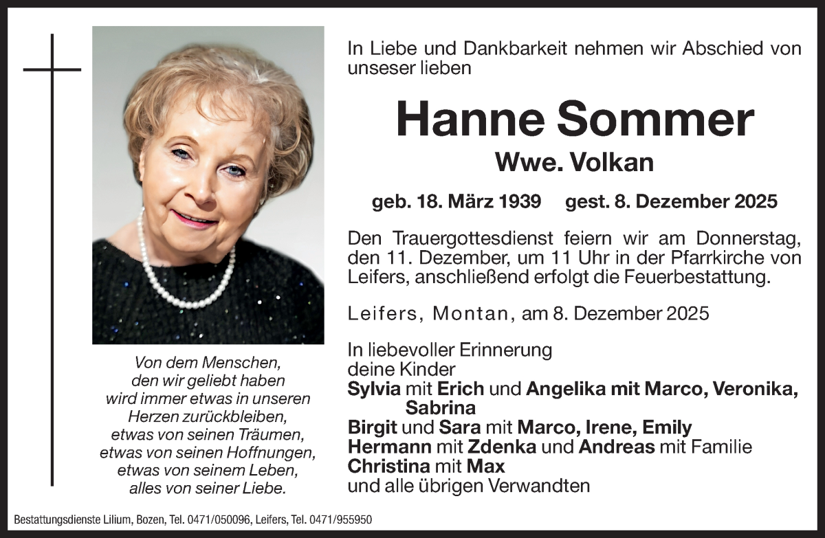  Traueranzeige für Hanne Volkan vom 10.12.2025 aus Dolomiten
