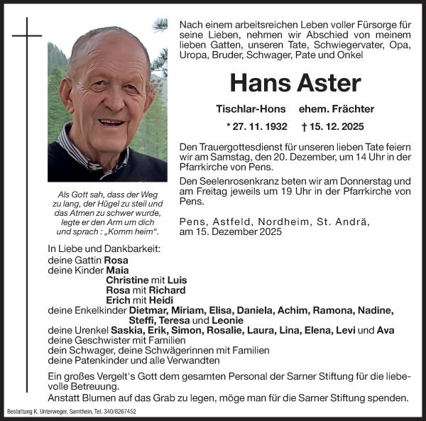 Traueranzeige von Hans Aster von Dolomiten
