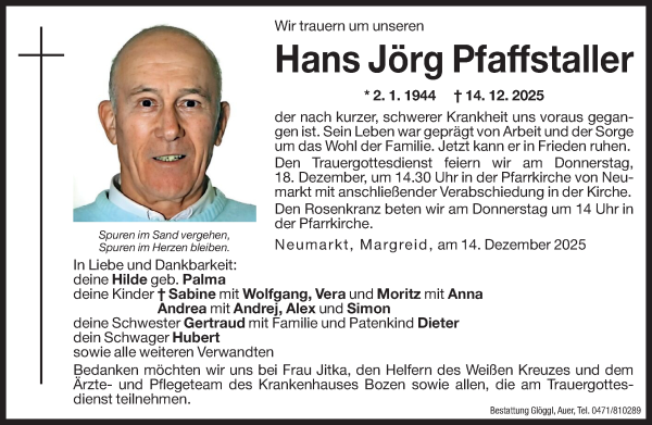 Traueranzeige von Hans Jörg Pfaffstaller von Dolomiten