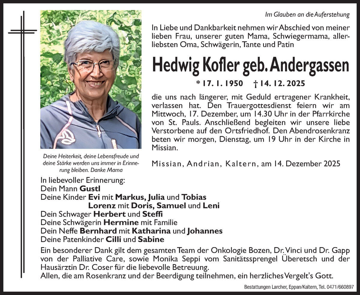  Traueranzeige für Hedwig Kofler vom 15.12.2025 aus Dolomiten