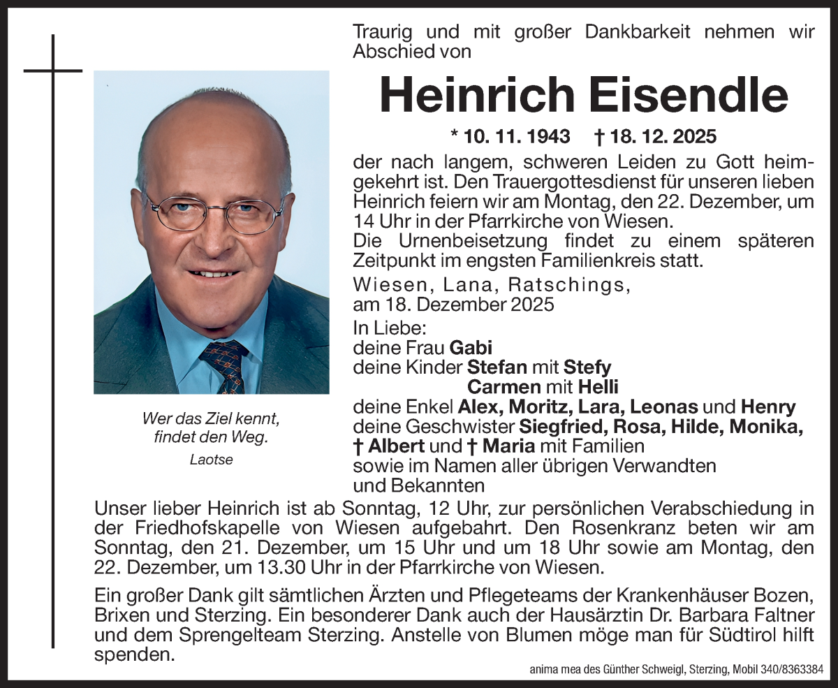  Traueranzeige für Heinrich Eisendle vom 20.12.2025 aus Dolomiten