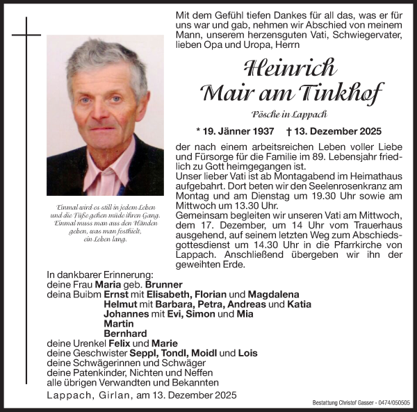 Traueranzeige von Heinrich Mair am Tinkhof von Dolomiten