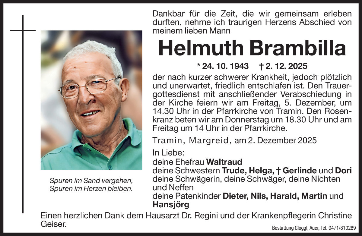  Traueranzeige für Helmuth Brambilla vom 03.12.2025 aus Dolomiten