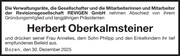 Traueranzeige von Herbert Oberkalmsteiner von Dolomiten