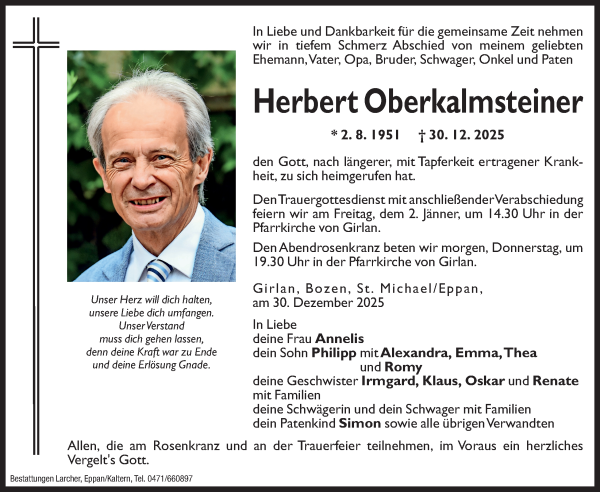 Traueranzeige von Herbert Oberkalmsteiner von Dolomiten