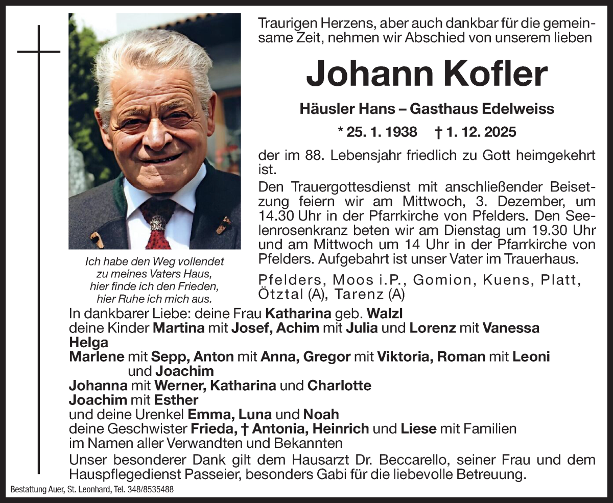  Traueranzeige für Johann Kofler vom 02.12.2025 aus Dolomiten