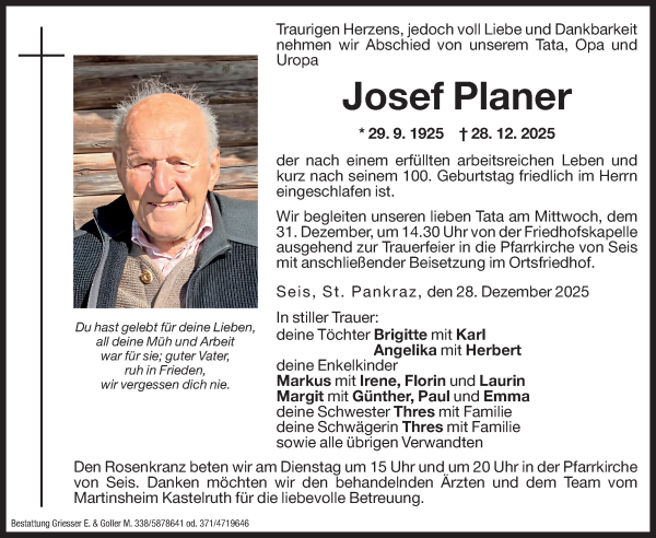 Traueranzeige von Josef Planer von Dolomiten