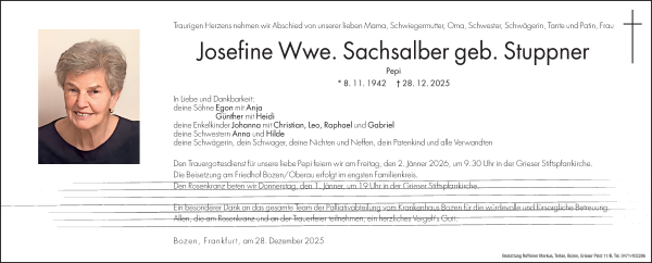 Traueranzeige von Josefine Sachsalber von Dolomiten