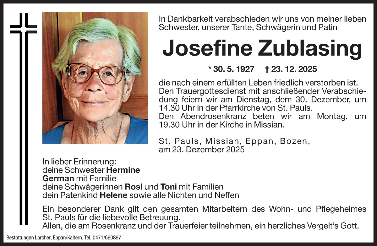  Traueranzeige für Josefine Zublasing vom 27.12.2025 aus Dolomiten
