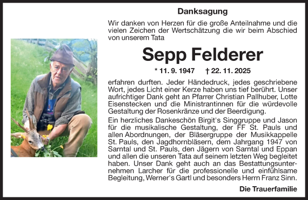 Traueranzeige von Josef „Sepp“  Felderer von Dolomiten