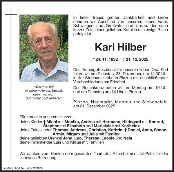 Traueranzeige von Karl Hilber von Dolomiten