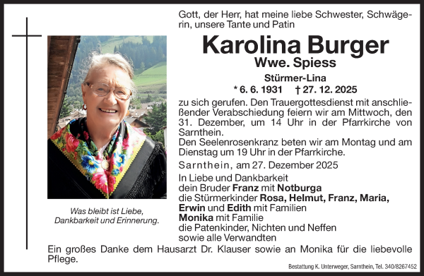 Traueranzeige von Karolina Spiess von Dolomiten