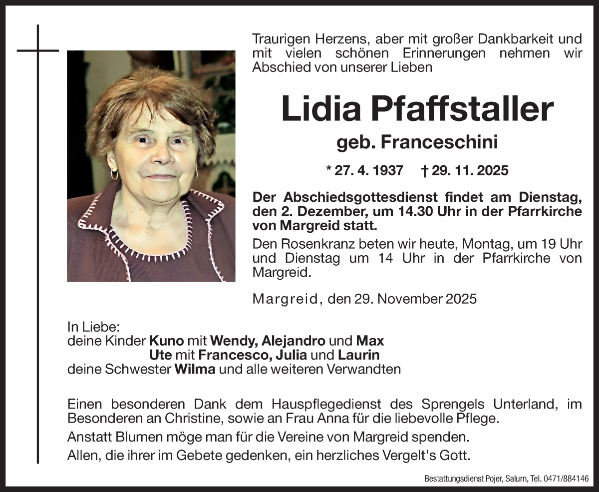  Traueranzeige für Lidia Pfaffstaller vom 01.12.2025 aus Dolomiten