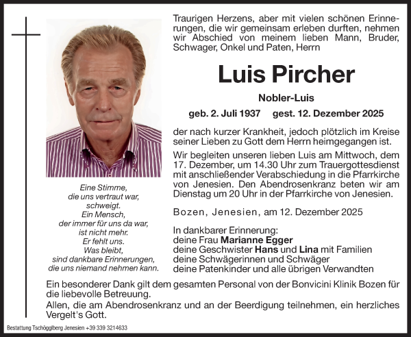 Traueranzeige von Luis Pircher von Dolomiten
