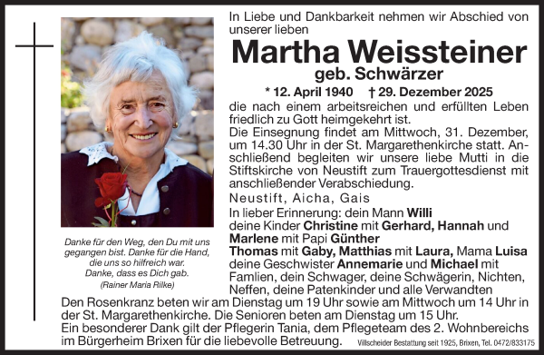 Traueranzeige von Martha Weissteiner von Dolomiten