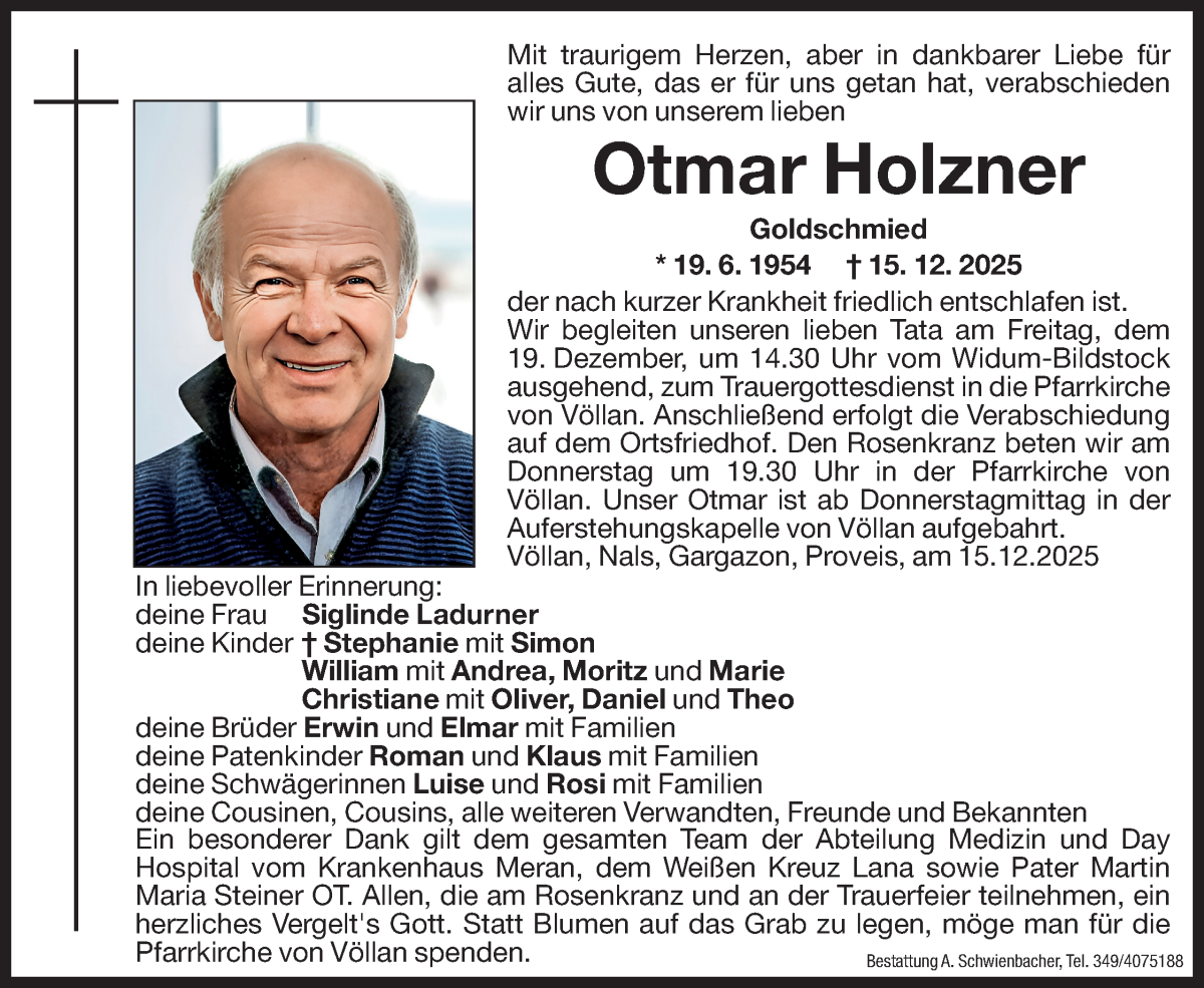 Traueranzeige für Otmar Holzner vom 17.12.2025 aus Dolomiten