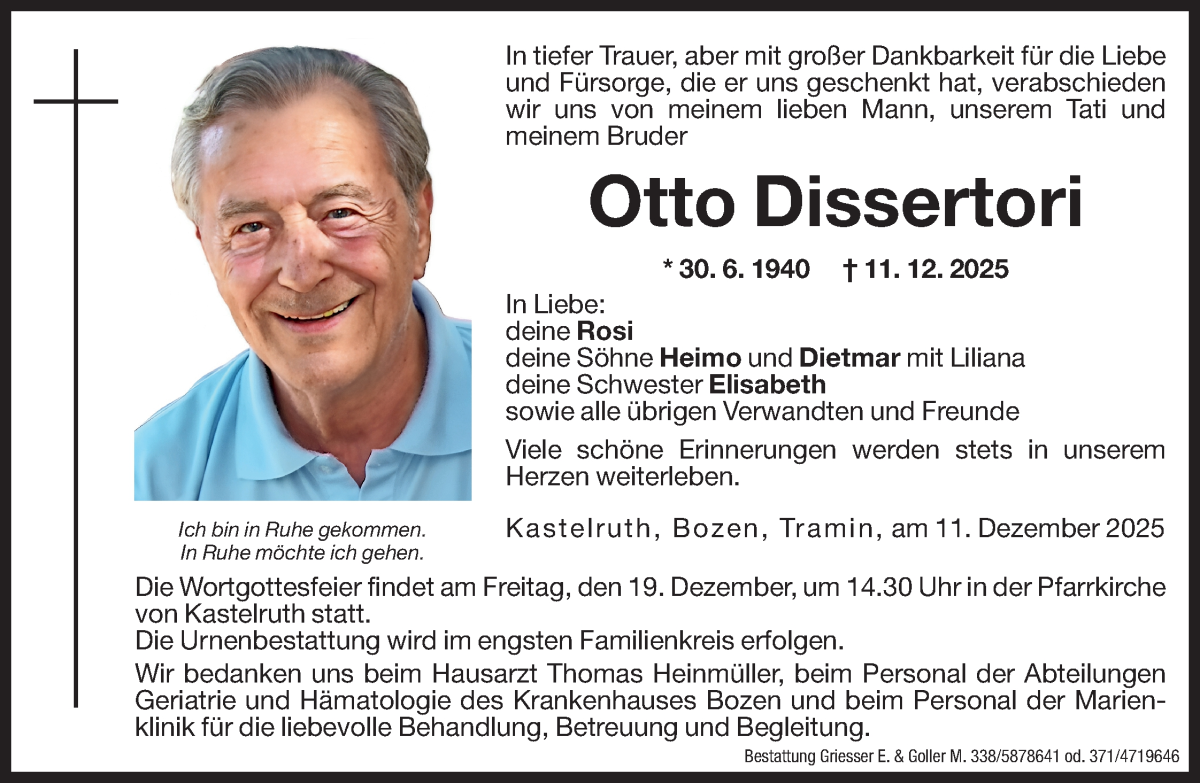  Traueranzeige für Otto Dissertori vom 17.12.2025 aus Dolomiten