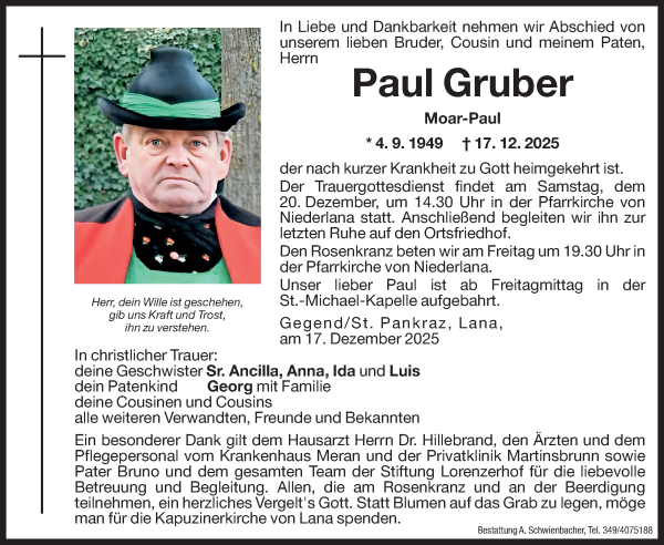 Traueranzeige von Paul Gruber von Dolomiten