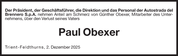 Traueranzeige von Paul Obexer von Dolomiten