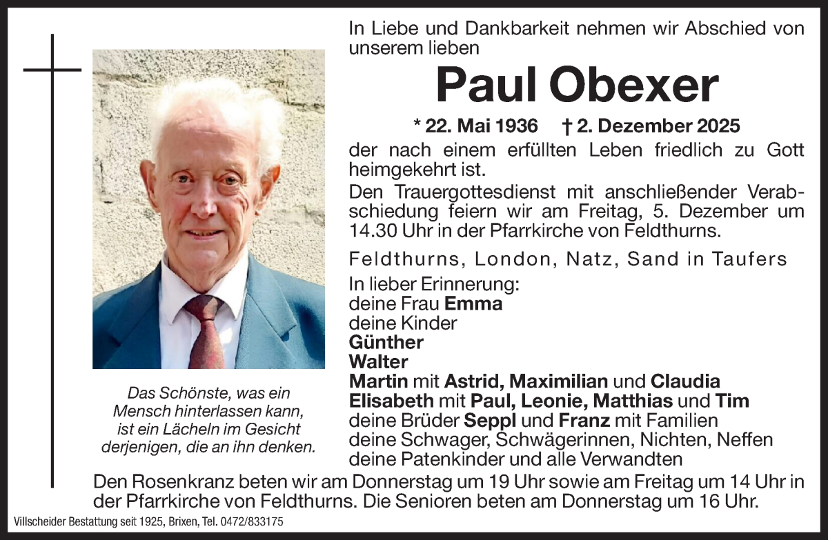  Traueranzeige für Paul Obexer vom 03.12.2025 aus Dolomiten