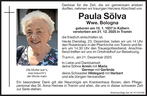 Traueranzeige von Paula Bologna von Dolomiten