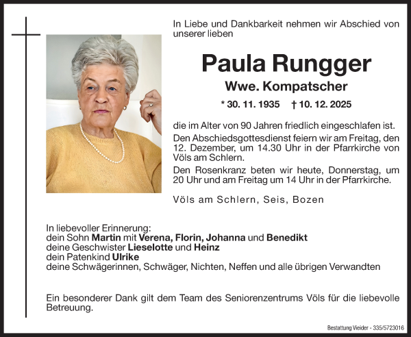 Traueranzeige von Paula Rungger von Dolomiten