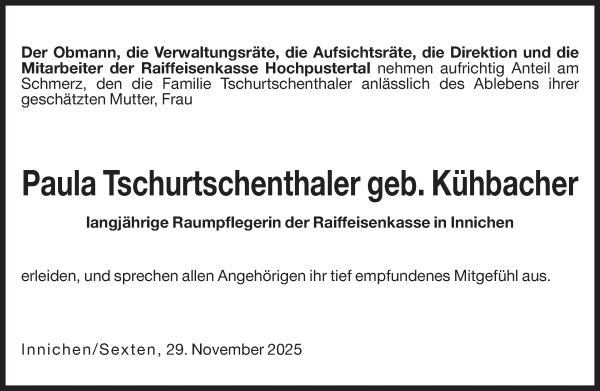 Traueranzeige von Paula Tschurtschenthaler von Dolomiten