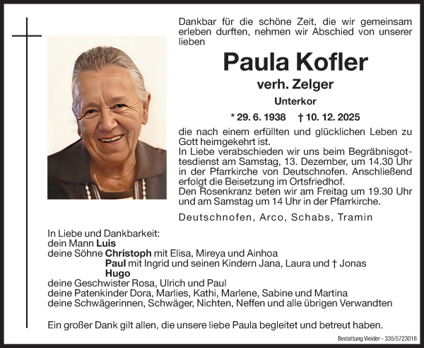 Traueranzeige von Paula Zelger von Dolomiten