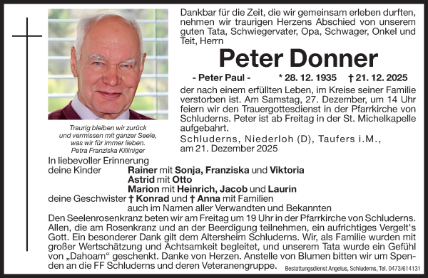 Traueranzeige von Peter Donner von Dolomiten