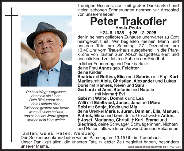 Traueranzeige von Peter Trakofler von Dolomiten