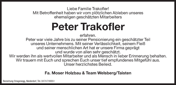 Traueranzeige von Peter Trakofler von Dolomiten