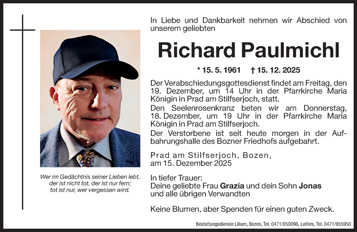  Traueranzeige für Richard Paulmichl vom 17.12.2025 aus Dolomiten