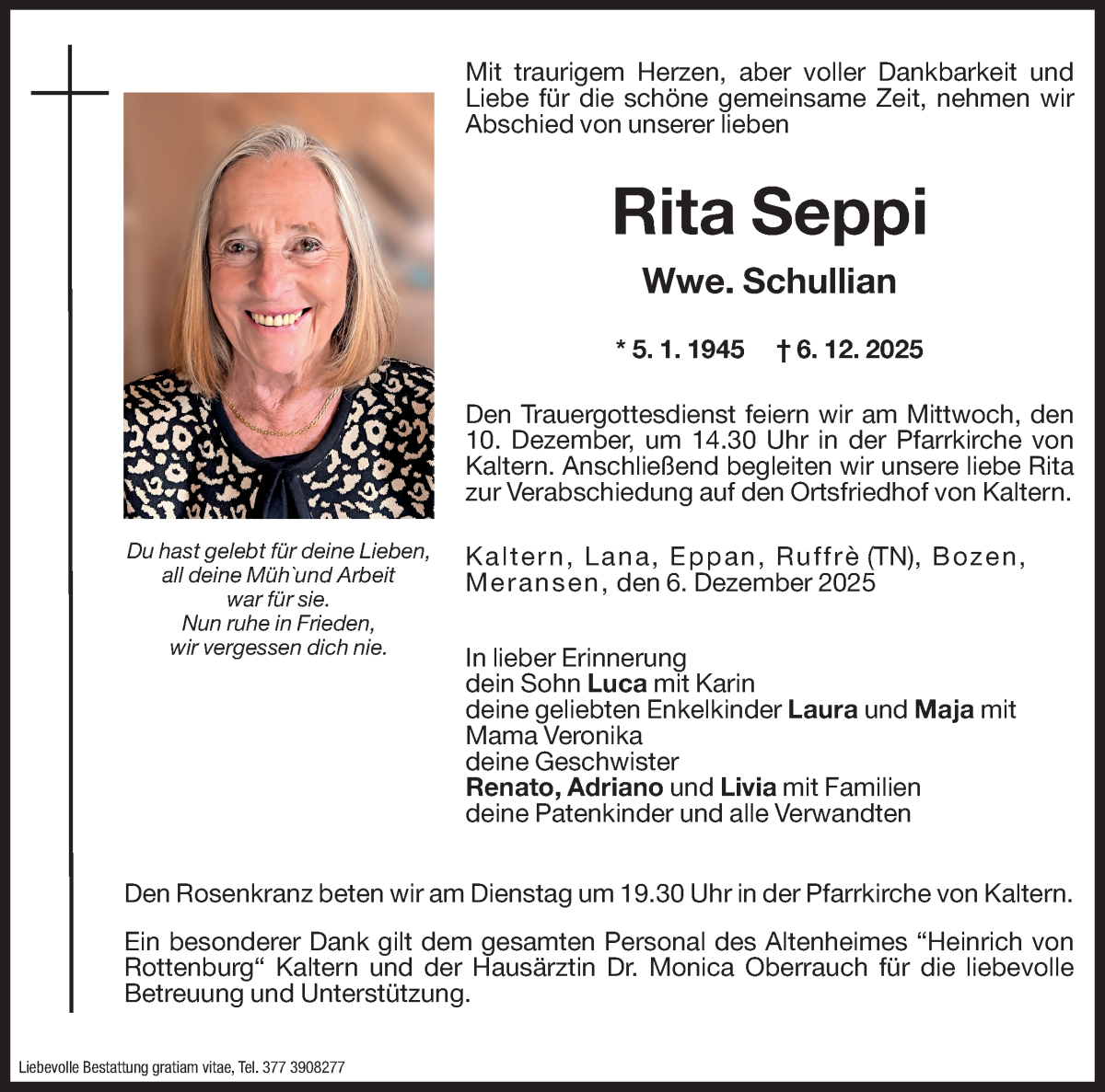  Traueranzeige für Rita Schullian vom 09.12.2025 aus Dolomiten