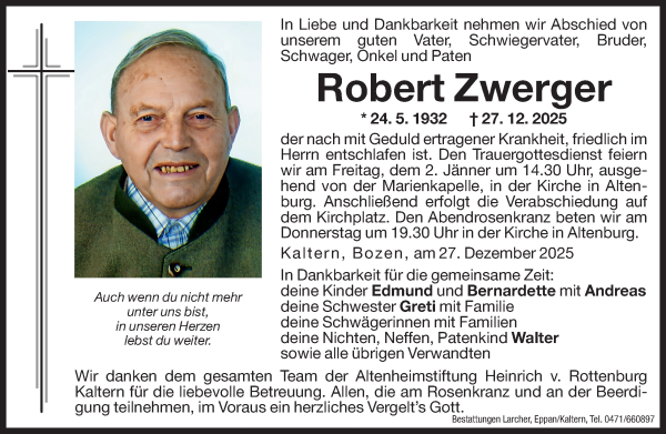 Traueranzeige von Robert Zwerger von Dolomiten