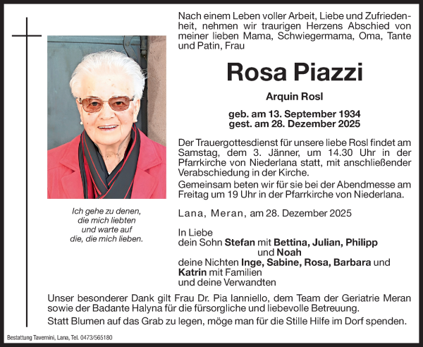 Traueranzeige von Rosa Piazzi von Dolomiten