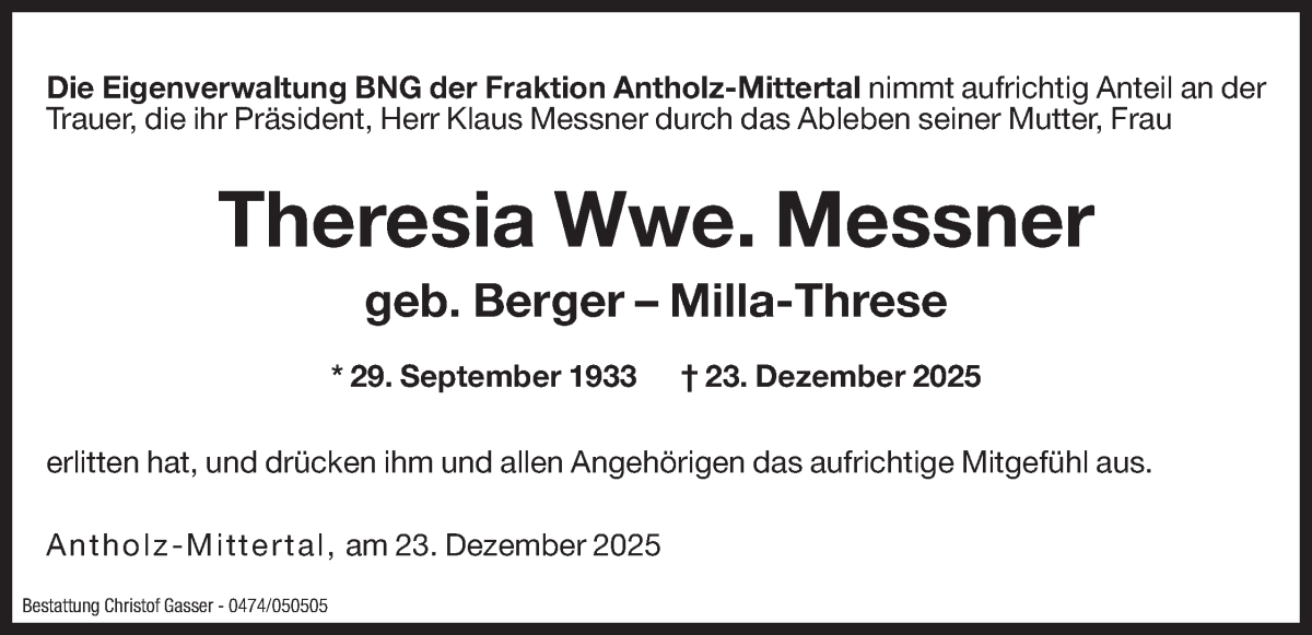  Traueranzeige für Theresia Messner vom 27.12.2025 aus Dolomiten
