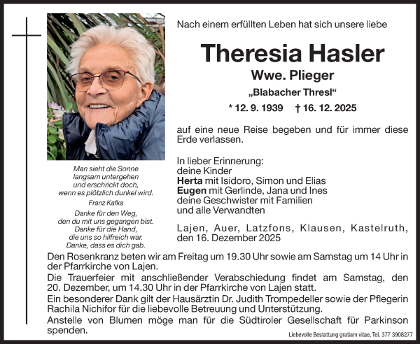 Traueranzeige von Theresia Plieger von Dolomiten