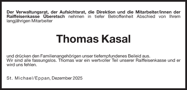 Traueranzeige von Thomas Kasal von Dolomiten